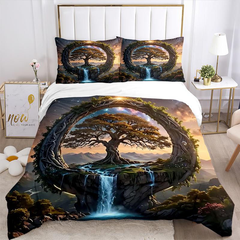 3pcs Fantasy Landscape with a Mystical Tree Quilt Set Soft and Comfortable Bedroom, Guest Room and Dorm Decor Bedding Set.J046
