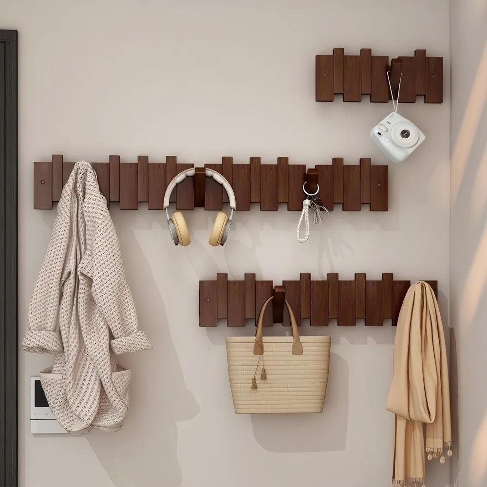 Piano Key Coat Hook Rack, Solid Wood, Walnut Finish, 4 Hooks