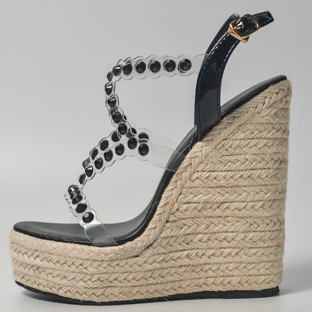 Женская обувь, тканые повседневные элегантные соломенные босоножки на танкетке со стразами, серия 10363, каблук 15 см, платформа 5 см, LFD