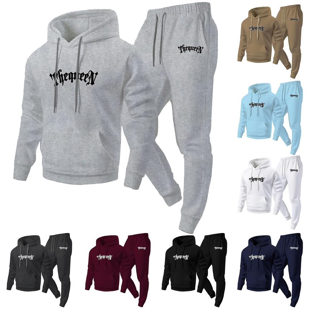 Men's Casual Solid Color Letter-printed Sweatshirt Set, Men's Fleece Hooded Drawstring Sweatshirt And Sweatpants Two-piece Set