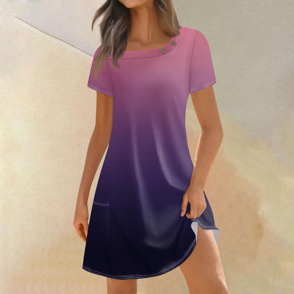 Женская мода, летние платья с квадратным вырезом и короткими рукавами, повседневные свободные платья с карманами и пуговицами, градиентные платья