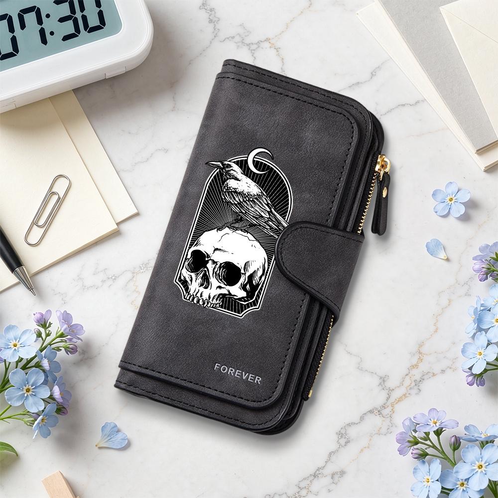 Gothic Raven Skull Pattern Multi Slot Long Wallet Dark Style Daily Use Purse