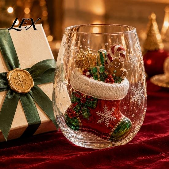 Handcrafted Glassware for Christmas 3D Glass Tumbler, Santa Snowman Tree Sculpted Cup, Seasonal Beverage Glasses Decorative Holiday Drinkware, Festive