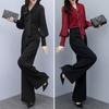2 шт./комплект OL Commuting Outfit рубашка брюки комплект чистый цвет V-образный вырез длинный рукав блузка высокая талия широкие брюки деловая офисная одежда