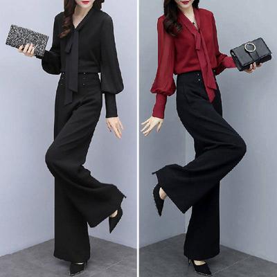 2 шт./комплект OL Commuting Outfit рубашка брюки комплект чистый цвет V-образный вырез длинный рукав блузка высокая талия широкие брюки деловая офисная одежда