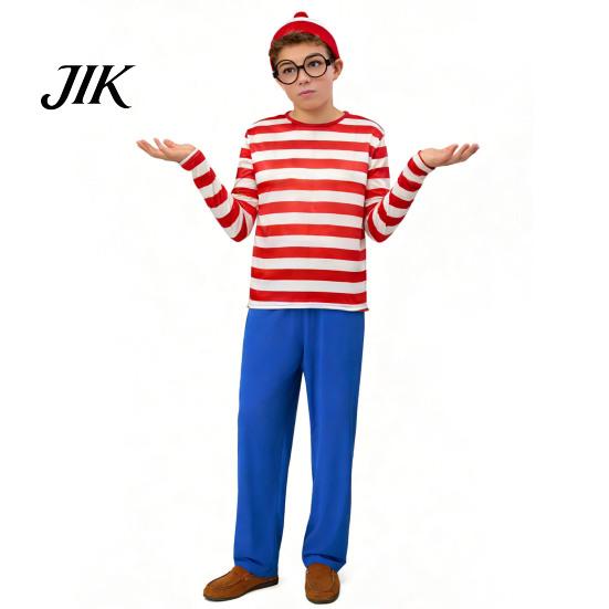 Halloween Festival Outfits Red White Striped Shirt for Adults Kids, Nerd Glasses Character Costumes Hat Included, Men Women Children Sweatshirt