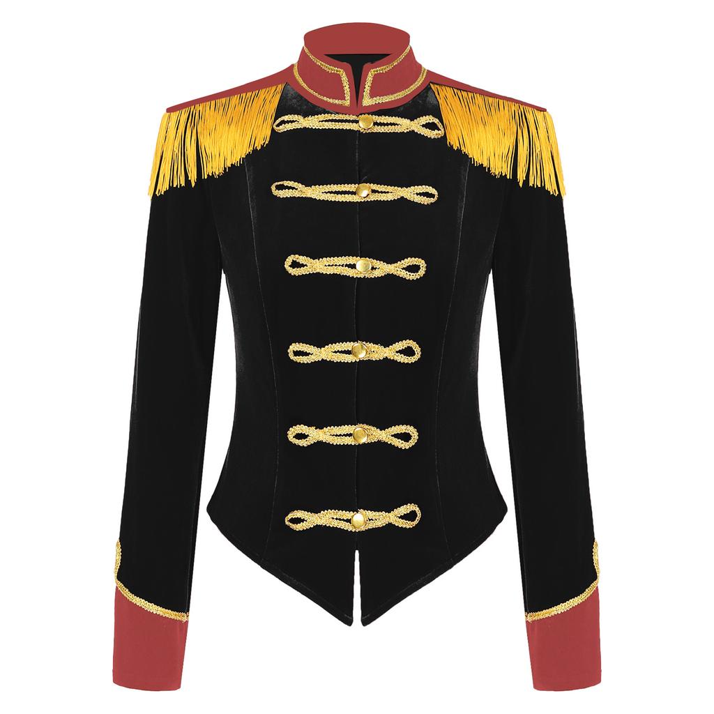 Womens Circus Ringmaster Costume Halloween Cosplay Stand Collar Fringed Shoulder Board Velvet Jacket