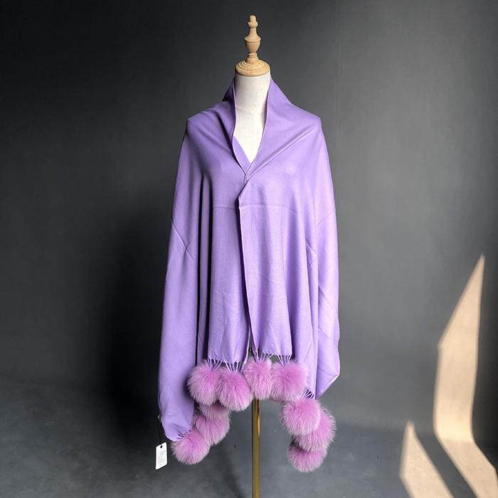 Factory Direct  Pashmina Shawl Women Cashmere Scarf Shawl With Fox Fur Pompoms