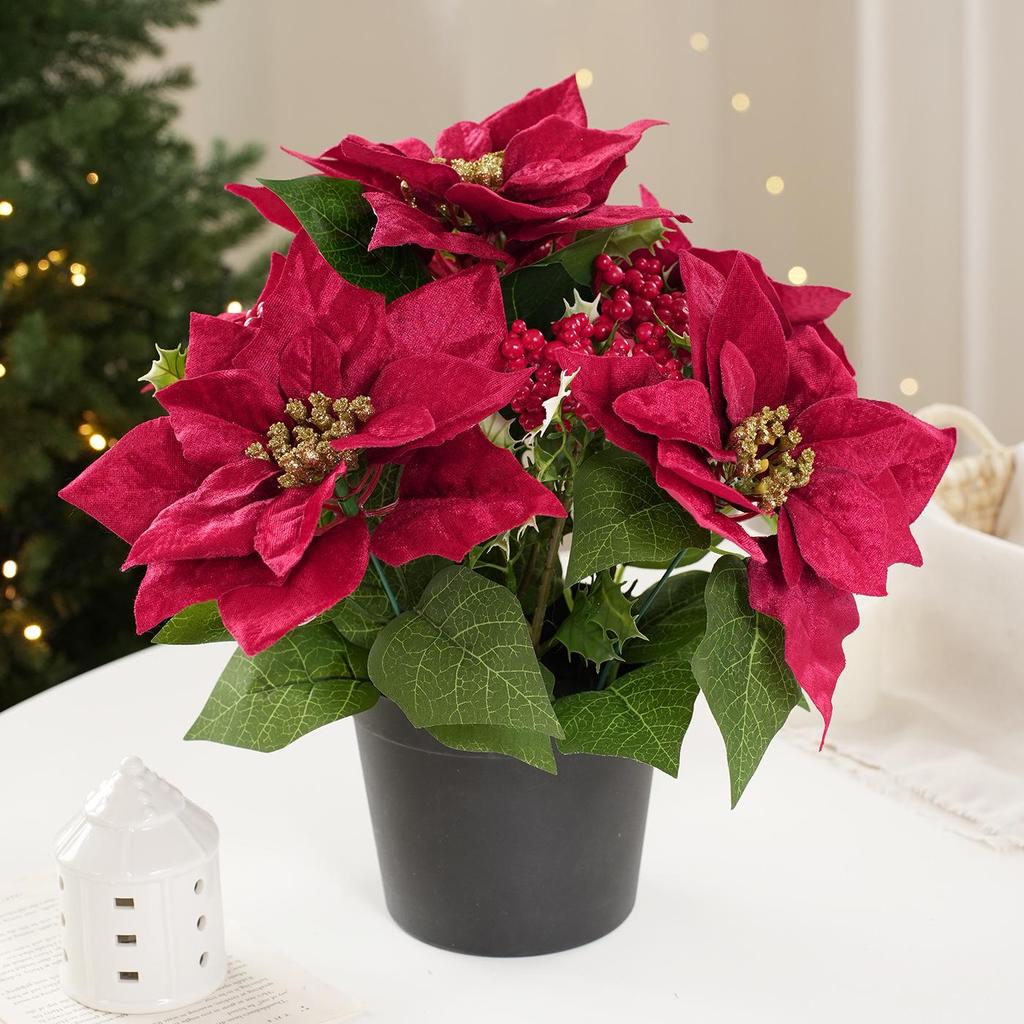 Artificial Poinsettia Potted Plant - Indoor Christmas Décor for Living Room & Desktop
