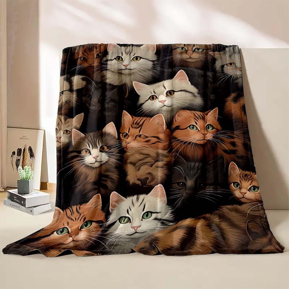 Cute cat print blanket home travel camping blanket single layer flannel shawl blanket soft cartoon fleece blanket