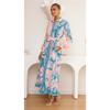 Women Floral Print Midi Shirt Dress Turn‑down Collar Long Bubble Sleeve Dress With Waist Belt Casual Holiday Loose Long Dress