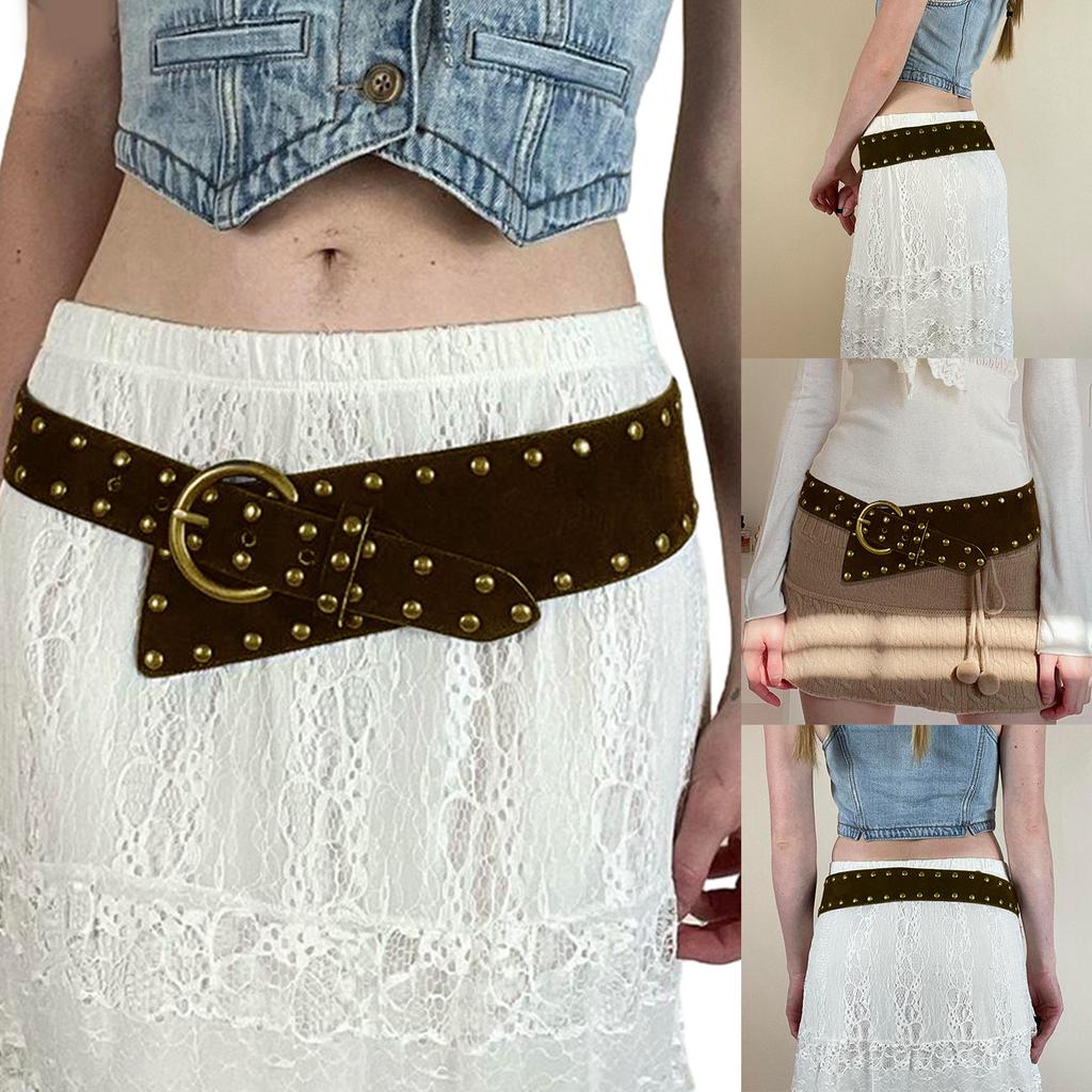 Women Elastic Waist Belt Vintage Leathercraft Punk Style Waist Belt with with Metal Round Buckle for Women Jeans