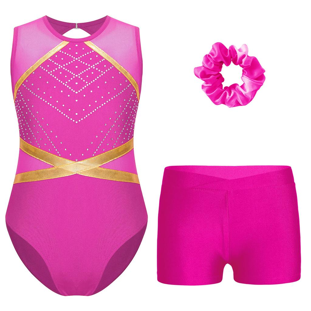 Детский гимнастический костюм для девочек, безрукавка с вырезом-замочной скважиной сзади, блестящие стразы, купальник с V-образным вырезом спереди, шорты, резинка для волос, головной убор