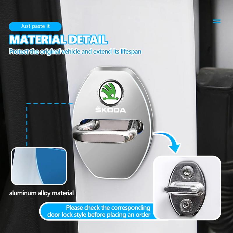 AAAJF1 4Pcs Zinc Alloy Car Door Lock Buckle Protective Covers For Skoda S Kodiaq Octavia 2 3 Yeti Karoq Rapid Fabia VII VRS