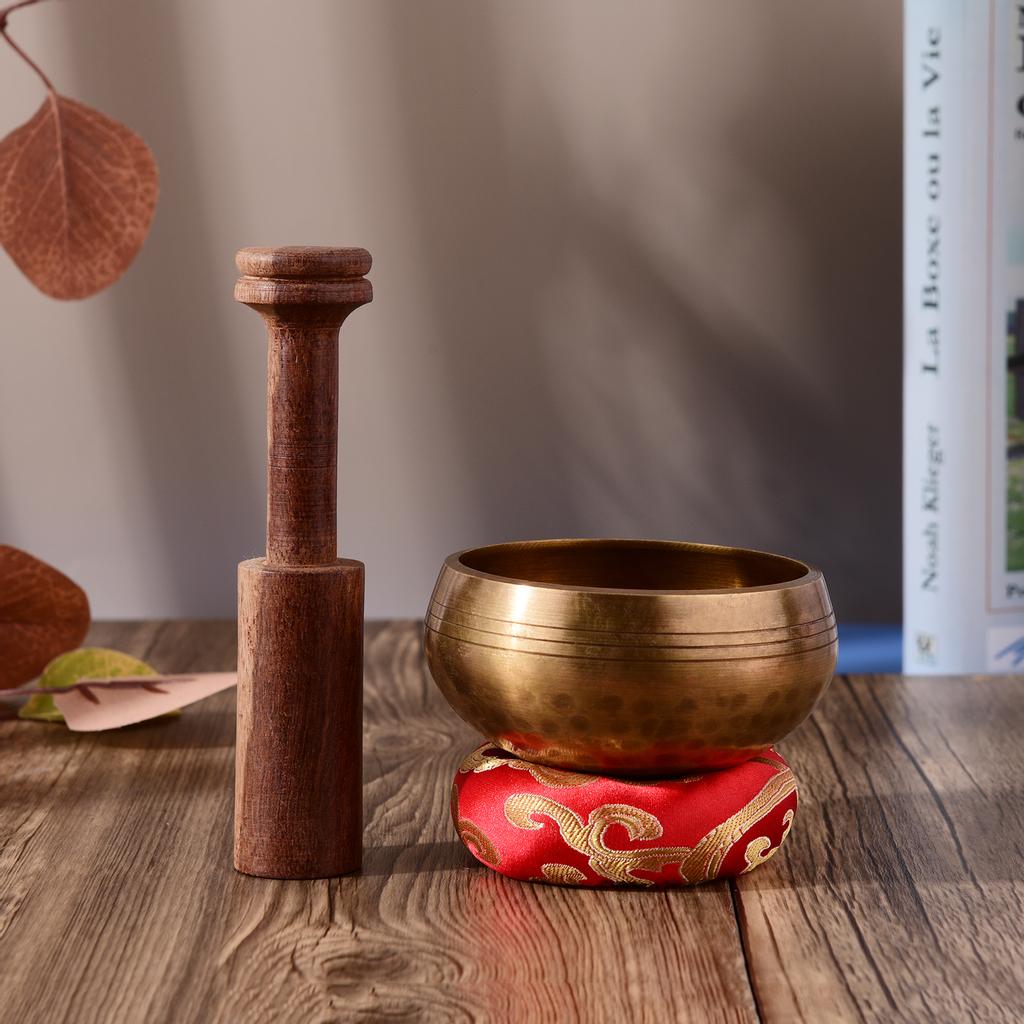 Tibetan Singing Bowl Set with 8cm/3inch Handmade Metal Sound Bowl & Soft Cushion & Wooden