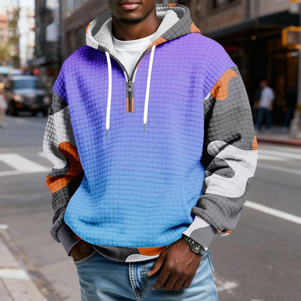 Мужской худи-пуловер в клетку с капюшоном на молнии до середины, со шнурком и принтом, повседневная спортивная толстовка