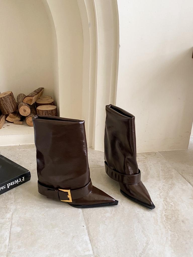 2025 New European and American Style Belt Buckle Wide Tube Pointed Thin Heel Short Boots