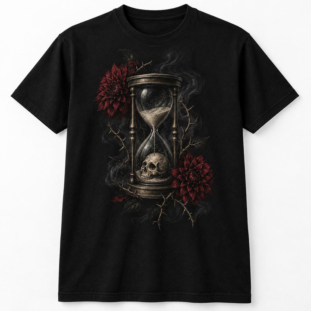 Gothic Skull Hourglass Graphic T-Shirt Dark Fantasy Unisex Tee, Size S - 5XL