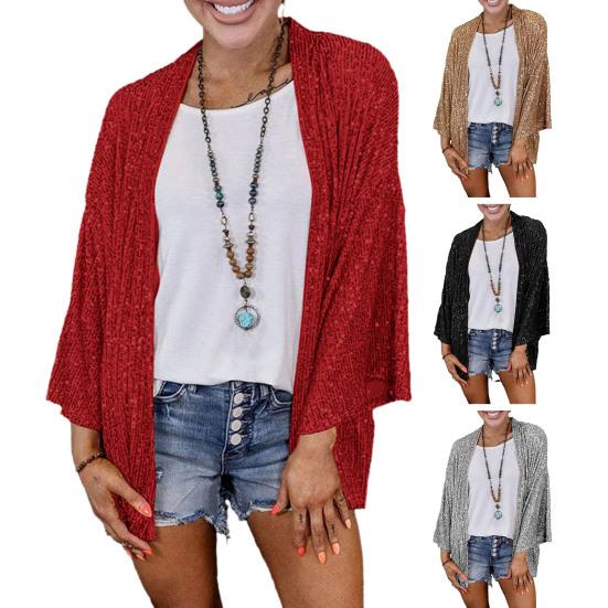 Женский осенне-зимний свободный кардиган, пальто с открытой передней частью и длинными рукавами, блестящая верхняя одежда с блестками, вечерние блестящая шаль, куртка