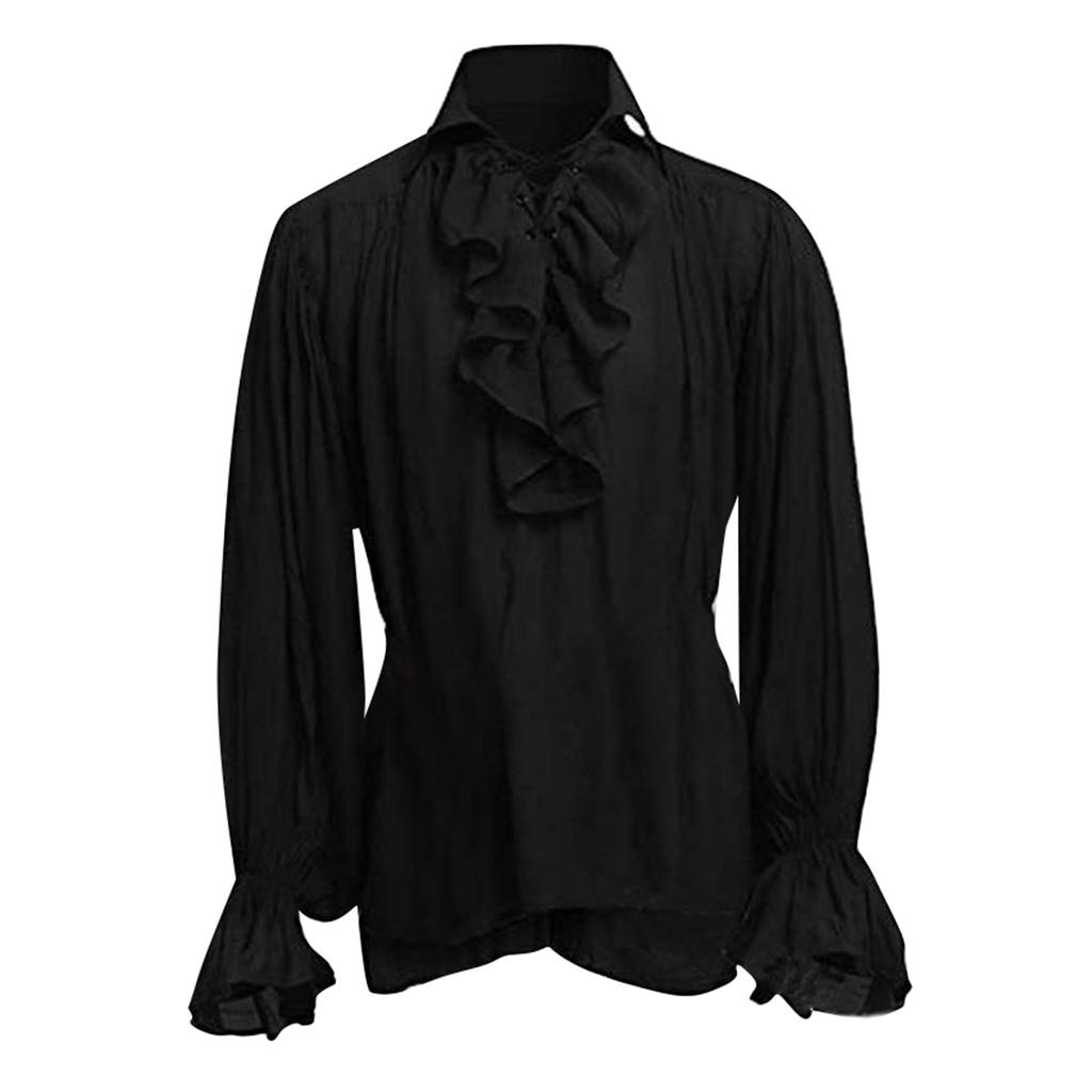 Solid Long Sleeve Men's Vintage Pom Pom Sleeve Prince Vintage Performance Dress Long Sleeve Shirt
