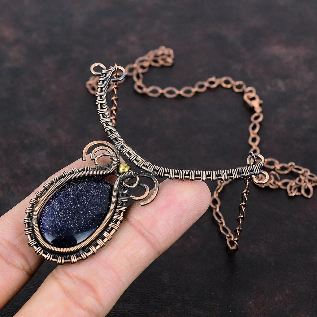 Ожерелье из синего солнечного камня, ожерелье из медной проволоки с драгоценными камнями, ювелирные изделия ручной работы из меди, регулируемое ожерелье, ювелирные изделия с проволочной обмоткой, подарки на годовщину