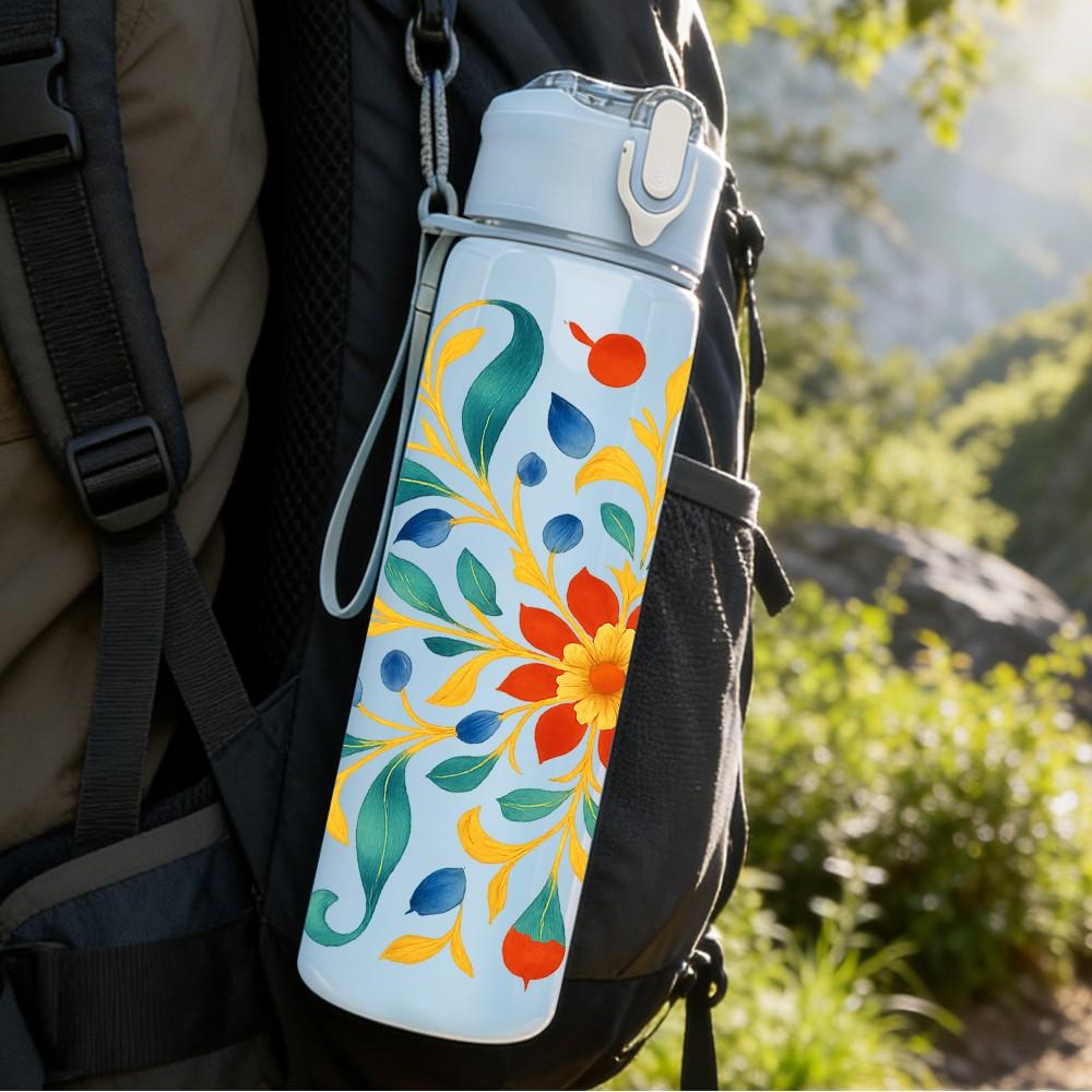 1PC Moroccan Tile Colorful Floral Print 750ml Color Plastic Sports Water Bottle Leakproof Flip Straw Lid Suitable for Sports Office Home Use