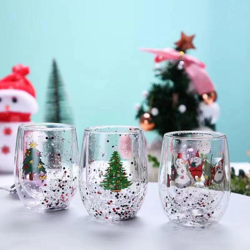 Christmas Double Wall Glass Cup Xmas Gift Star-tree Snowman Heat Resistant Household Milk Juice Beer Teacup Coffee Mug Drinkware