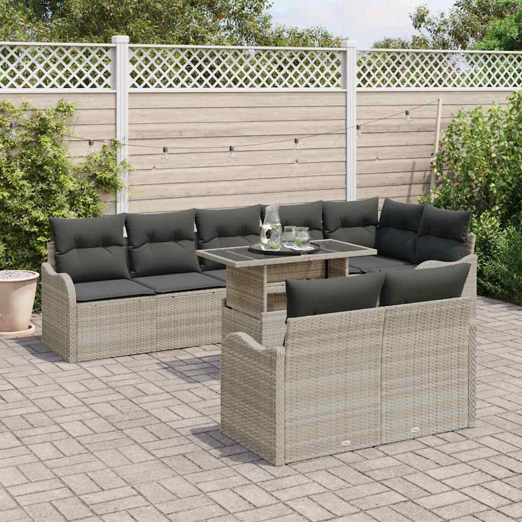 9 Piece Lounge Set with Cushions Light Grey Poly Rattan