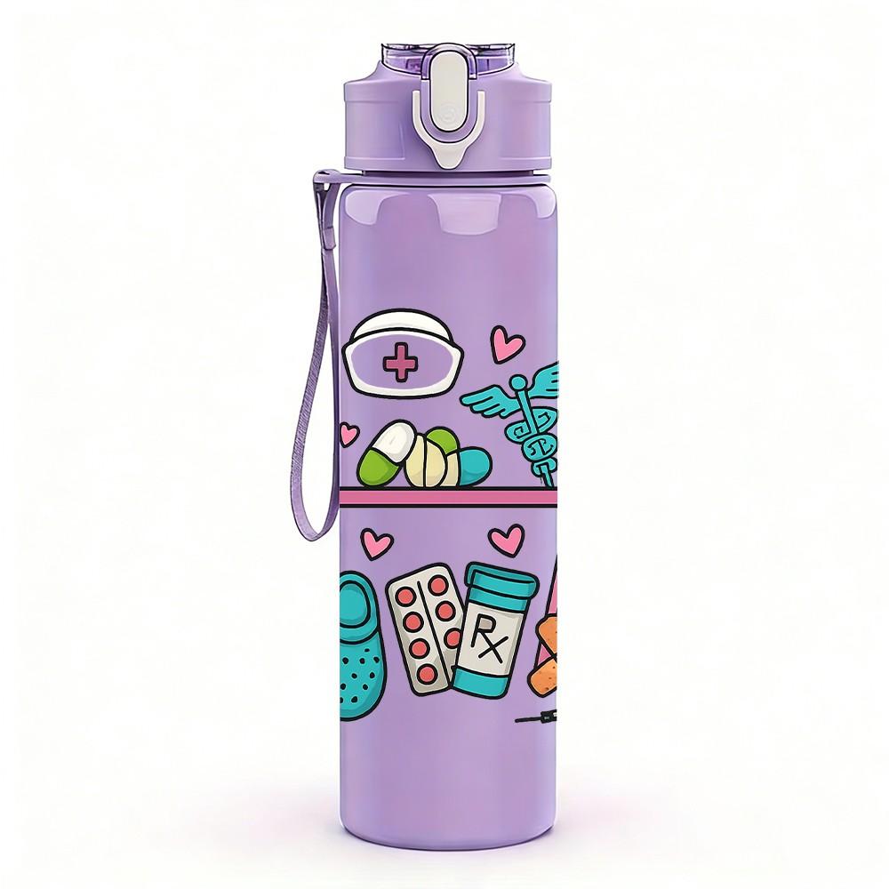 1PC Medical Tool Floral Frame Layout 750ml Color Plastic Sports Water Bottle Leakproof Flip Straw Lid For Sports Office Home Use