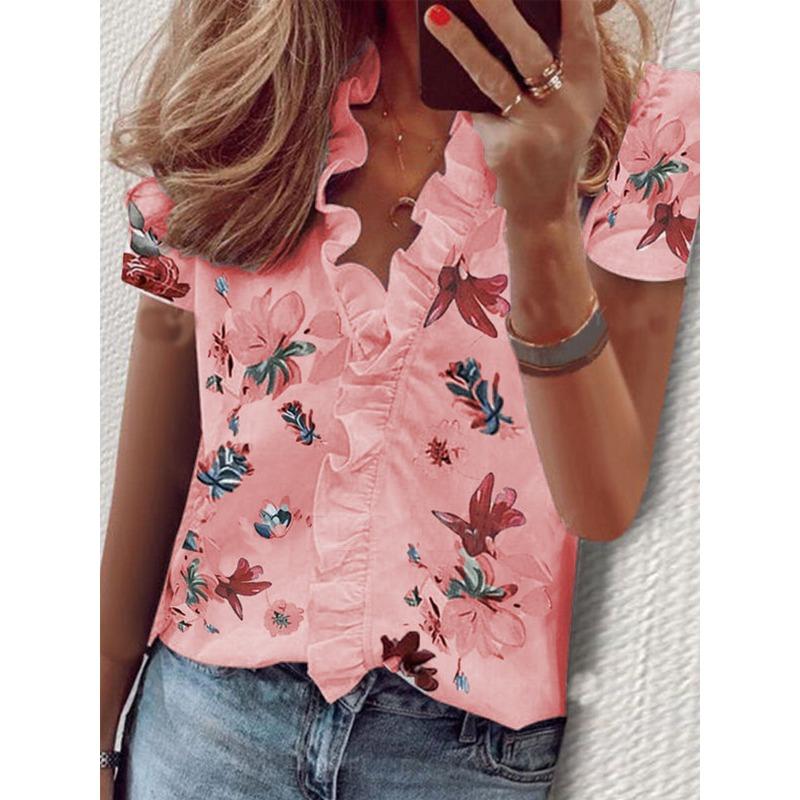 YYFS Women's Fashion Casual Summer Spring Solid Color Print Short Sleeve V-Neck Blouses & Shirts