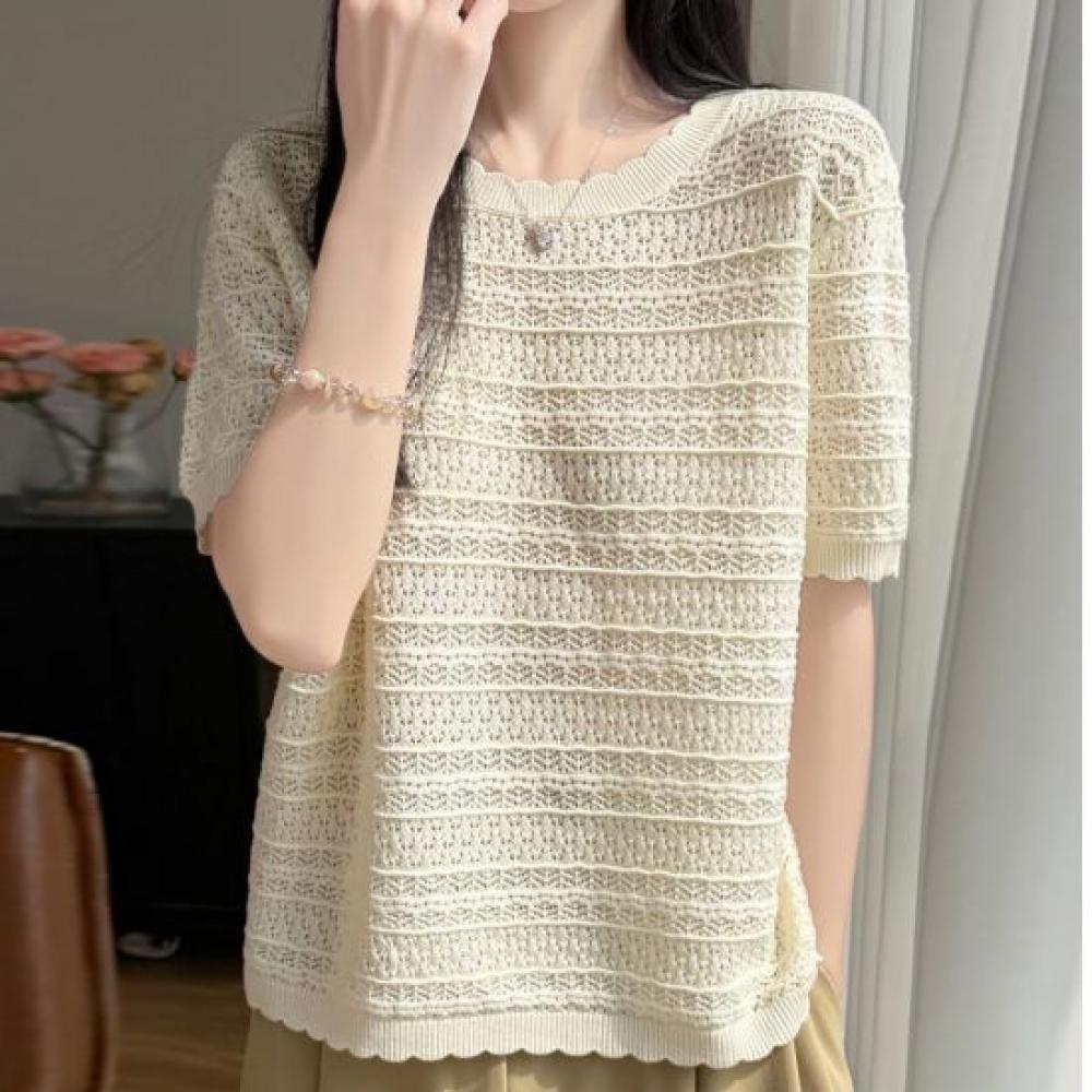 Navava Women Cool Daily Punching PaTTern Wave ShorT Sleeve KniT T shirT Nk3704