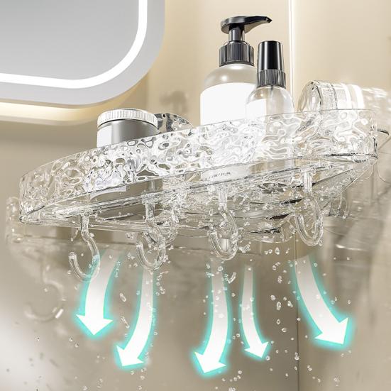 Bathroom Storage Rack with Hooks Transparent Wall-mounted Punch-free Self-adhesive Great Load Bearing Anti-slip Cosmetic Toothpaste