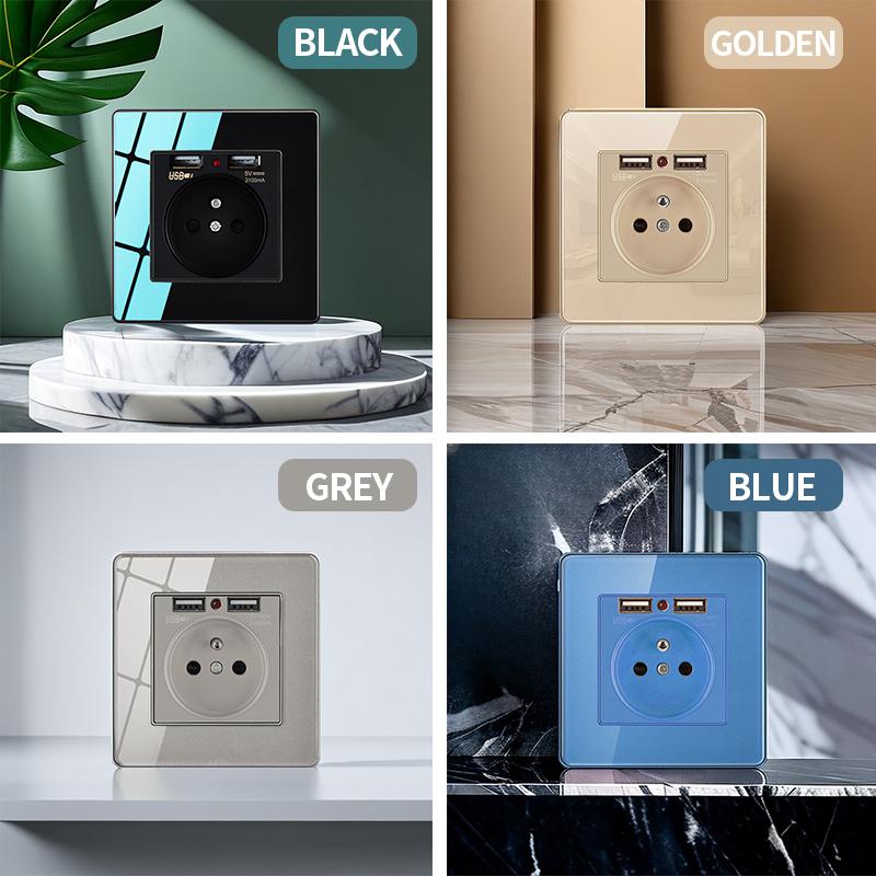 86mm Tempered Glass Wall Switch Socket Panel EU French UK Standard USB Charging Port 1/2/3/4 Gang Push Button Rocker Switch