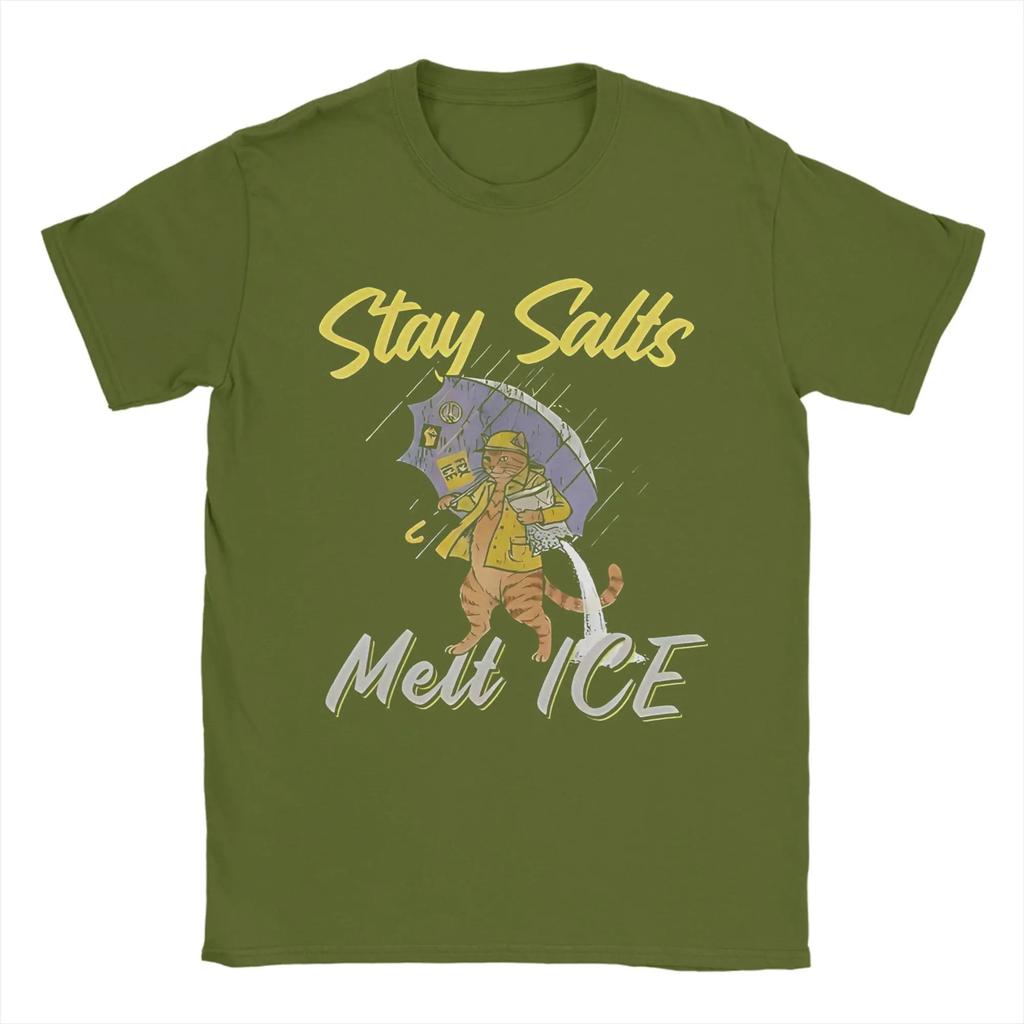 Stay Salts Melt ICE Funny Cat Umbrella Pure Cotton T Shirt For Mens Summer Classic T-Shirts O-Neck Tees Oversize Hot Sale Tops