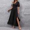 Платья Женские Весна Лето Элегантное Длинное Платье Женское С Коротким Рукавом V-образный Вырез Разрез по Подолу Однотонное Формальное Вечернее Платье с Поясом Халат