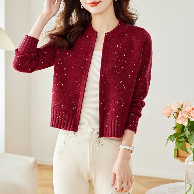 Осенний женский кардиган-шаль из блестящего трикотажа с длинными рукавами