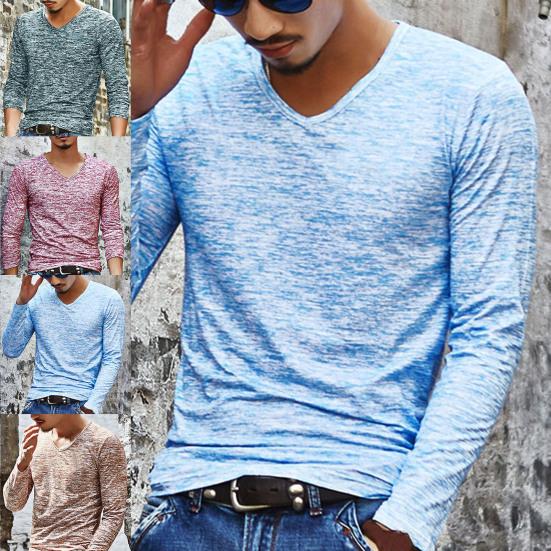 Мужская рубашка с длинным рукавом и эластичным верхом с V-образным вырезом на осень