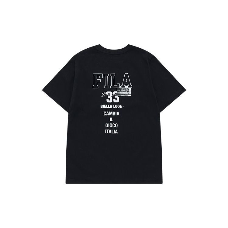 Fila Fusion Приталенный пуловер с принтом логотипа, круглым вырезом, короткий рукав, спущенное плечо, американская винтажная футболка, женские топы, глубокий черный, T11W325112FBK