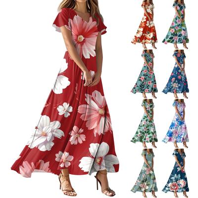 Женское повседневное платье с V-образным вырезом, коротким рукавом, высокой талией и принтом в виде цветов и листьев в стиле ретро