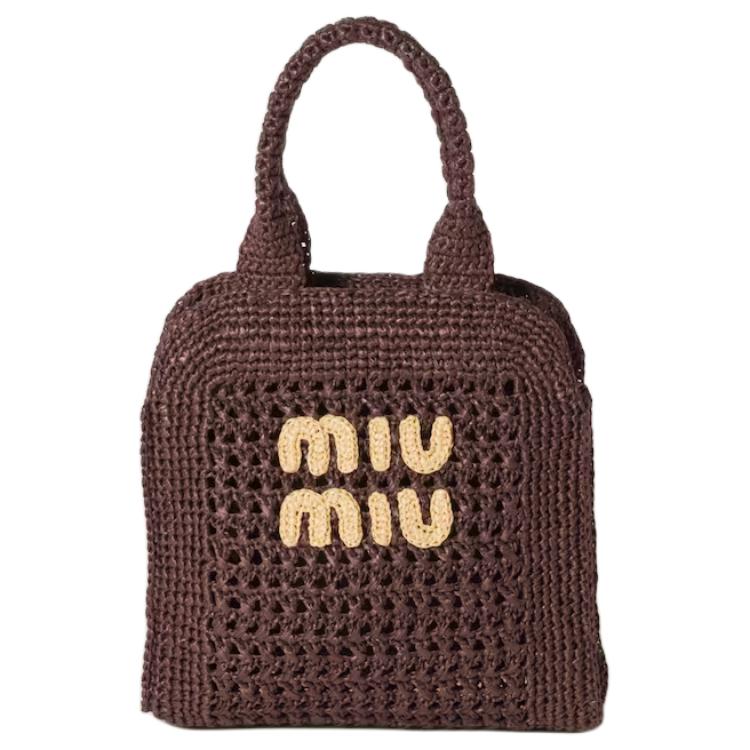 MIU MIU Логотип-буквы Крючком Регулируемый плечевой ремень Рафия Сумка-тоут Сумка для покупок Женская сумка-тоут Каштаново-коричневый 5BA283_ADO1_F0966_V_OOO