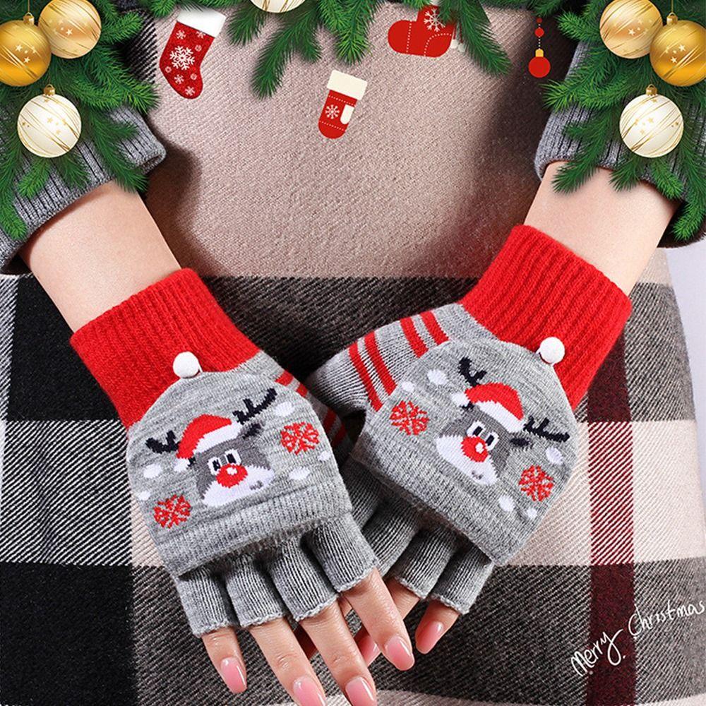 Claus Pattern Women Knitted Flip Gloves Apparel Accessories Christmas Gloves Autumn Winter Gloves