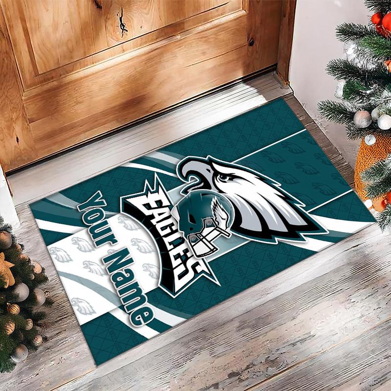 Philadelphia Eagles Crystal Velvet Rug, Custom Name Text Personalized Non‑Slip Floor Mat for Home Decor Gift
