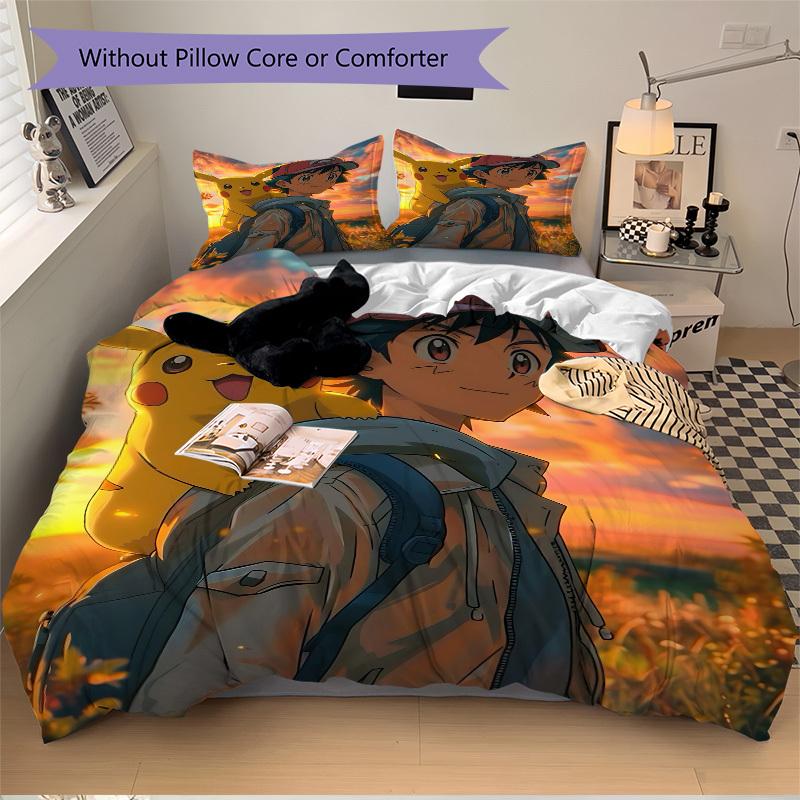 3pcs bedding set Pokémon Trainer Pikachu Includes 1 Comforter + 2 Pillowcases, Without Pillow Inserts, Soft Comfortable, Lightweight Breatha
