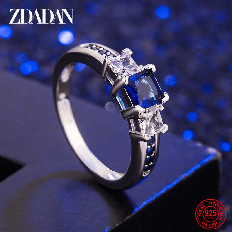 ZDADAN 925 Silver Square Pink Zircon Rings for Women Girls Fashion Jewelry