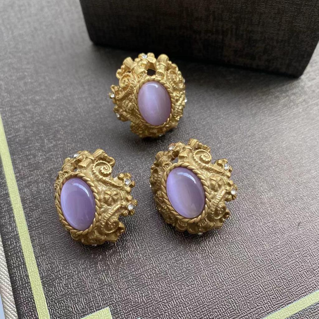 Gold-Plated Medieval Palace Style Jewelry Set: Vintage Violet Earrings, Ear Clips & Ring