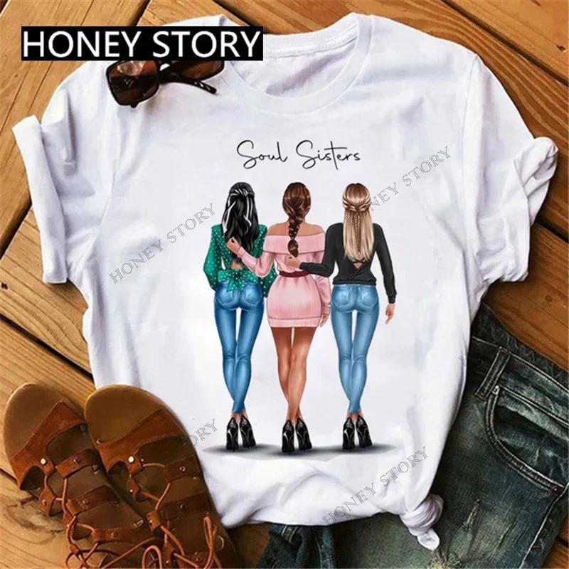 Summer Fashion Best Friends T-Shirt Short Sleeve Graphic Tees for Ladies Good Friend Bestie Sister Outfit Polyester Fabric
