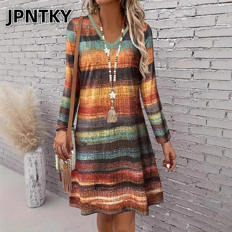JPNTKY Модные осенне-зимние повседневные платья с длинным рукавом и V-образным вырезом