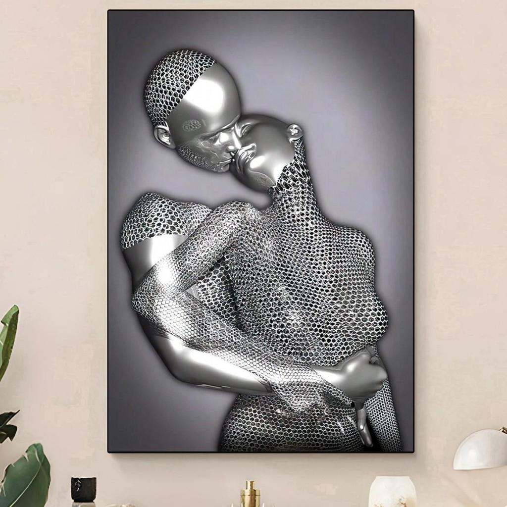 Black Gold Heart Statue Poster: Modern Art Canvas for Living Room Décor