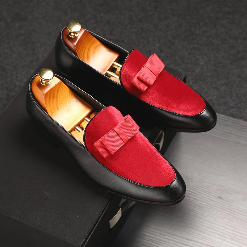 Fashion Hot9 Luxury Bowknot Dress Shoes Male Flats Loafers Black Patent Leather Red Suede Loafers Men Formal Wedding Shoes Men Formal