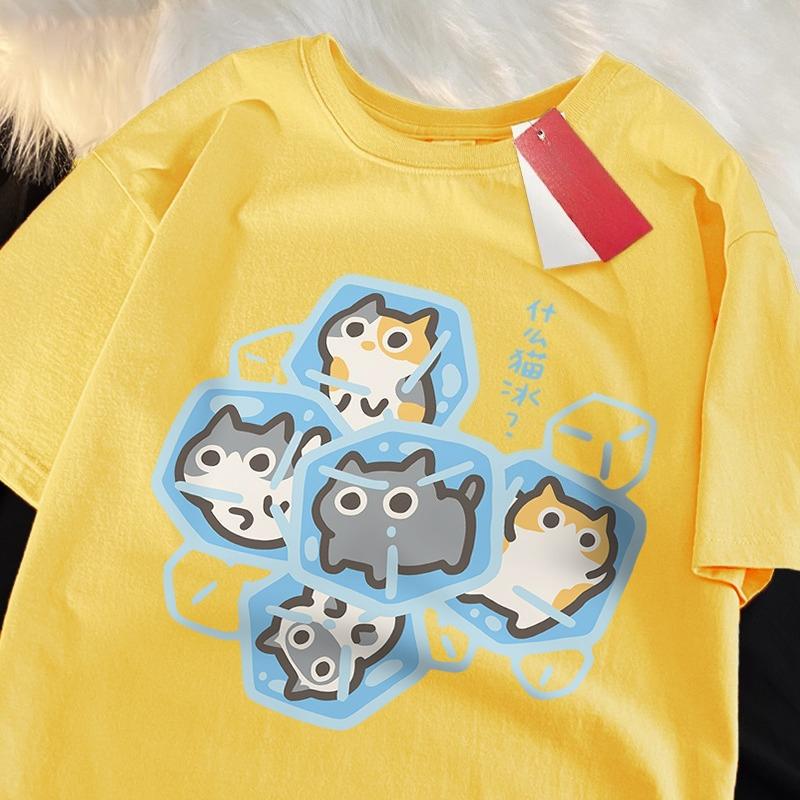 2026 Hot Sale Ice Cat Fun Cartoons Cats Print Clothes Men Women Oversize Breathable T Shirt Summer Comfortable Casual T-Shirt Cotton Tee Shirt